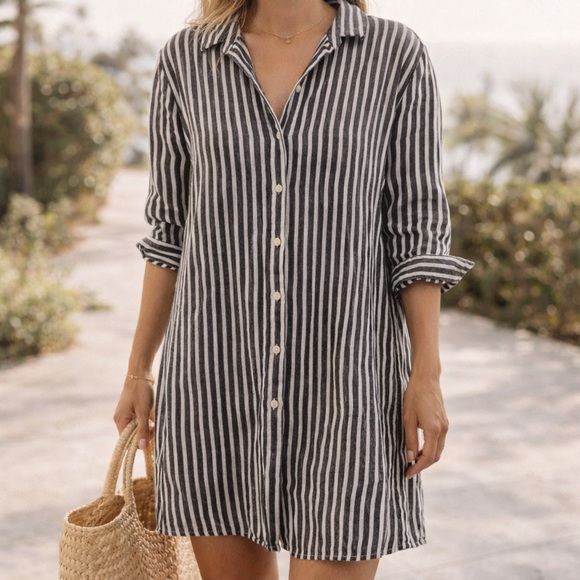 CP Shades Dresses & Skirts - CP Shades Linen Stripe Shirt Dress Black White Button Front Tunic Minimalist